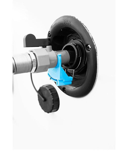 Water fill adapter with shut-off valve and clip